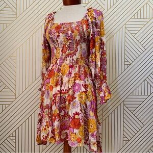 Angie Floral balloon Sleeve Smocked Bodice Dress boho bohemian flower power S